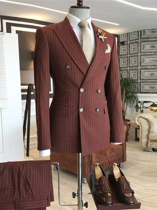 Dark Coffee Stripe 2 Piece Double Breasted Peak Lapel Suit