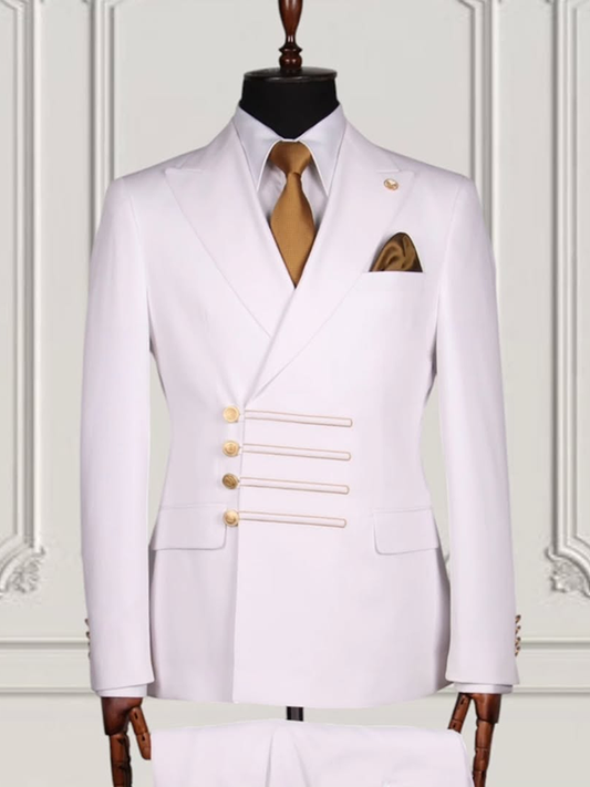 White 2-piece unique button Peak Lapel suit