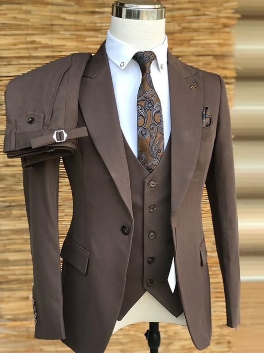 Brown 3-piece 1-button Peak Lapel suit