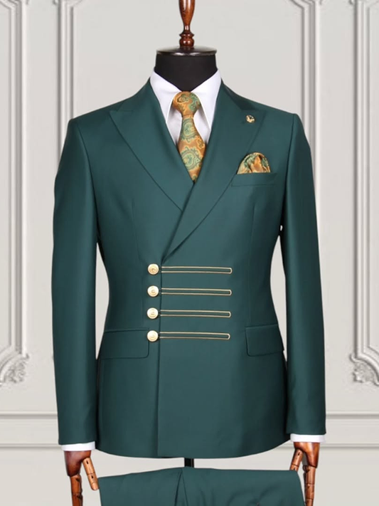 Green 2-piece unique button Peak Lapel suit