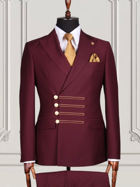 Burgundy 2-piece unique button Peak Lapel suit