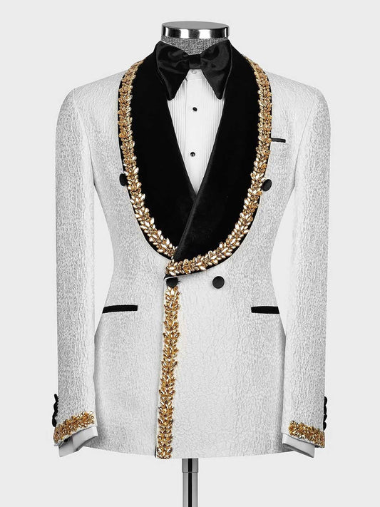 White Jacquard 2-piece Double-breasted Shawl Lapel suit