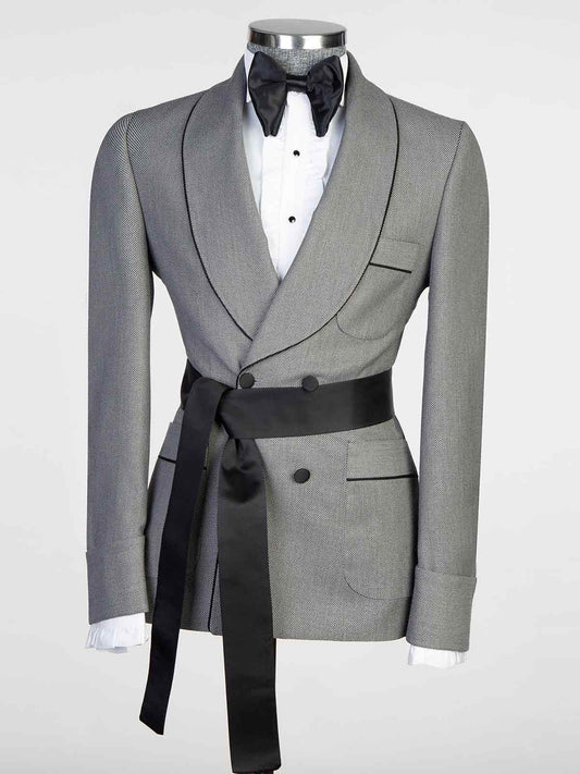 Grey 2-piece with belt Shawl Lapel suit