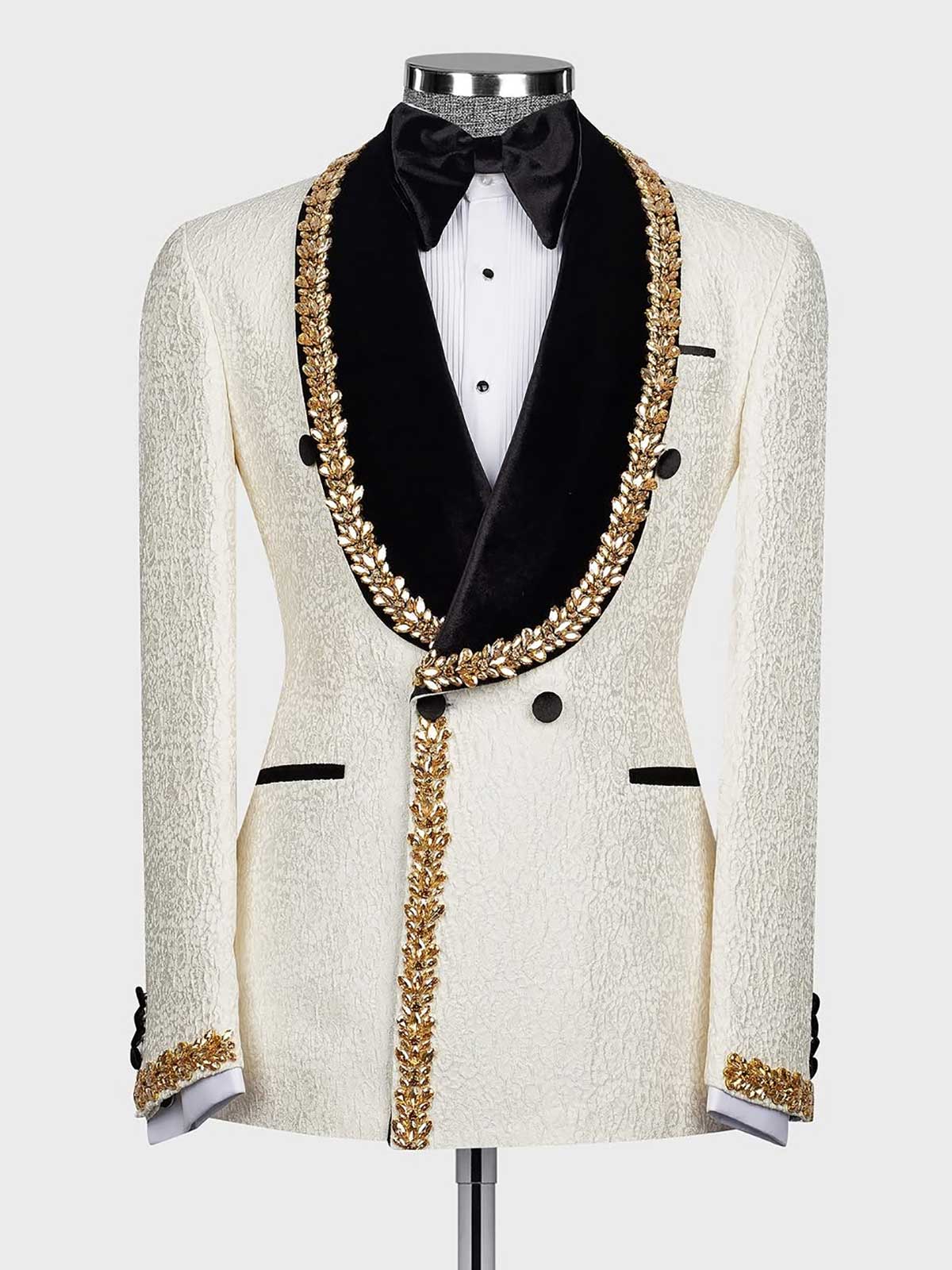 Beige Jacquard 2-piece Double-breasted Shawl Lapel suit