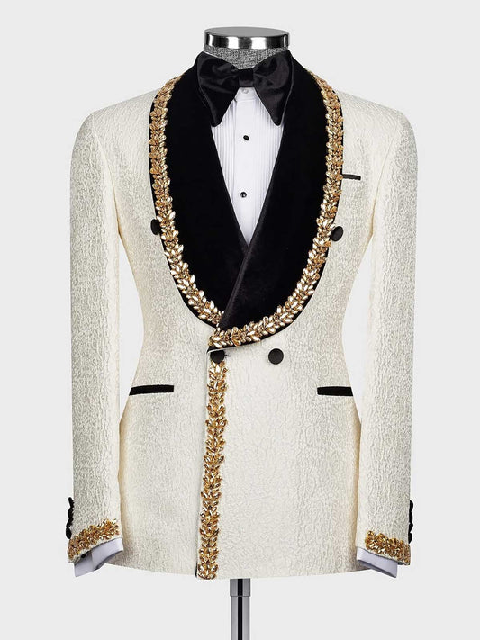 Beige Jacquard 2-piece Double-breasted Shawl Lapel suit