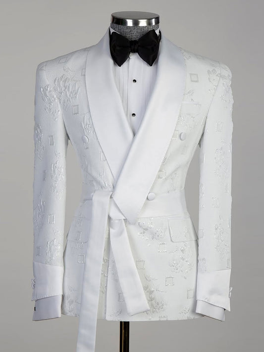 White jacquard 2-piece with belt Shawl Lapel suit
