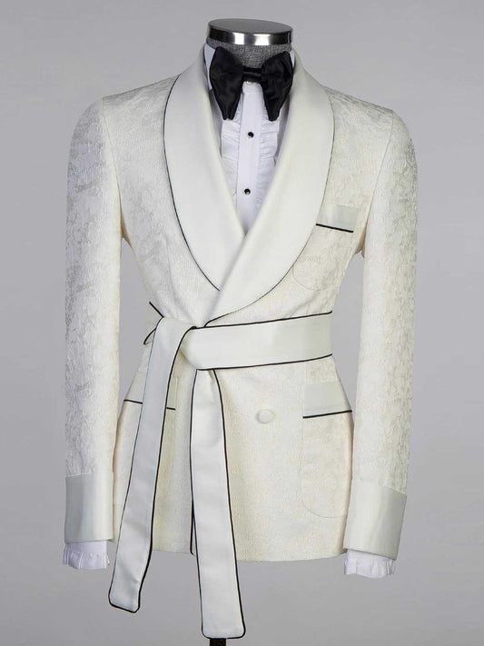 Beige jacquard 2-piece with belt Shawl Lapel suit