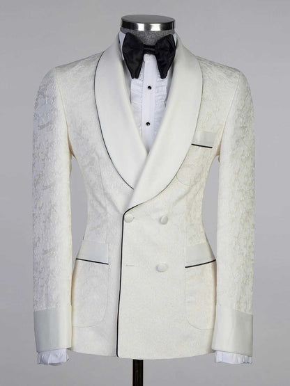 Beige jacquard 2-piece with belt Shawl Lapel suit