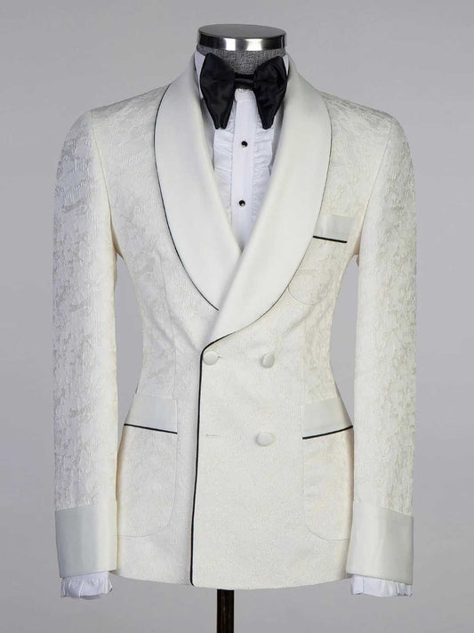 Beige jacquard 2-piece with belt Shawl Lapel suit