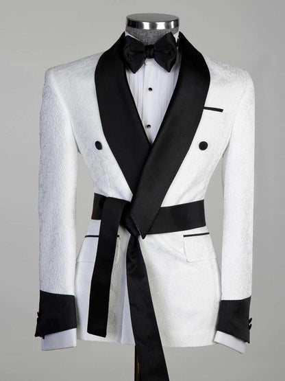 White jacquard 2-piece with belt black Shawl Lapel suit