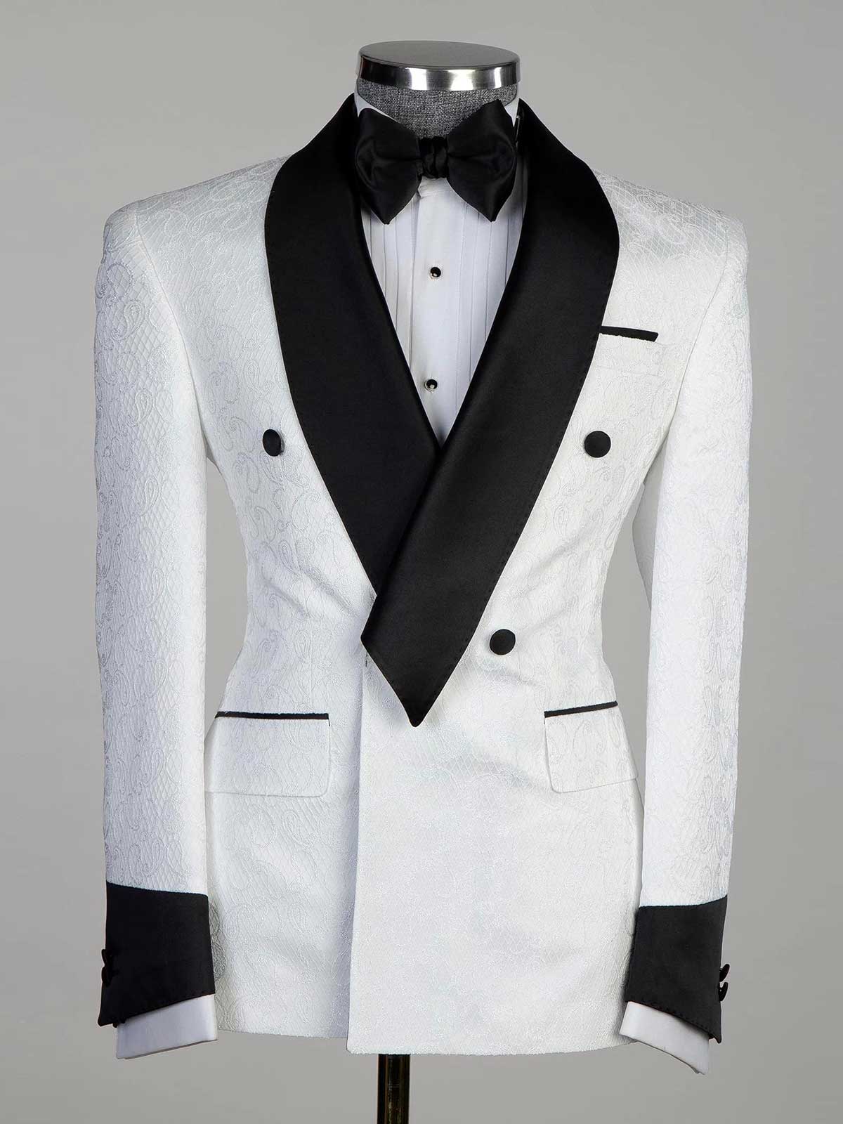 White jacquard 2-piece with belt black Shawl Lapel suit