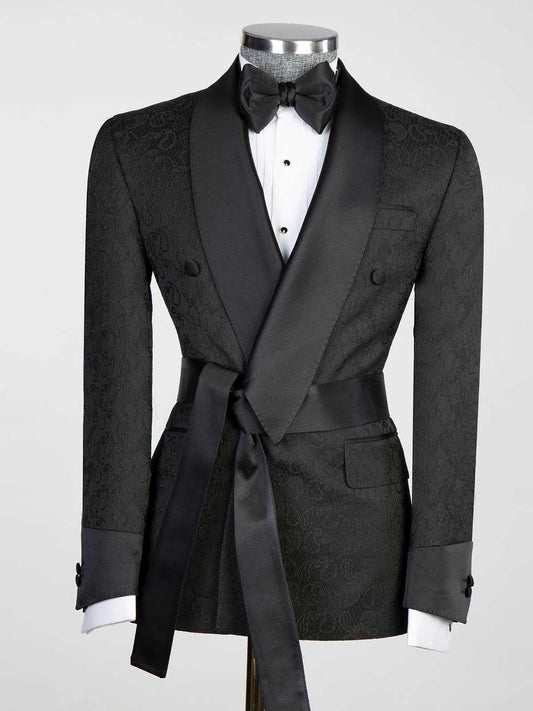 Black jacquard 2-piece with belt black Shawl Lapel suit