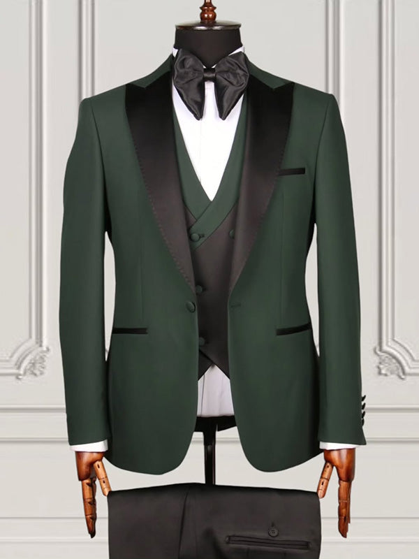 Green 3-piece 1-button Peak Lapel suit