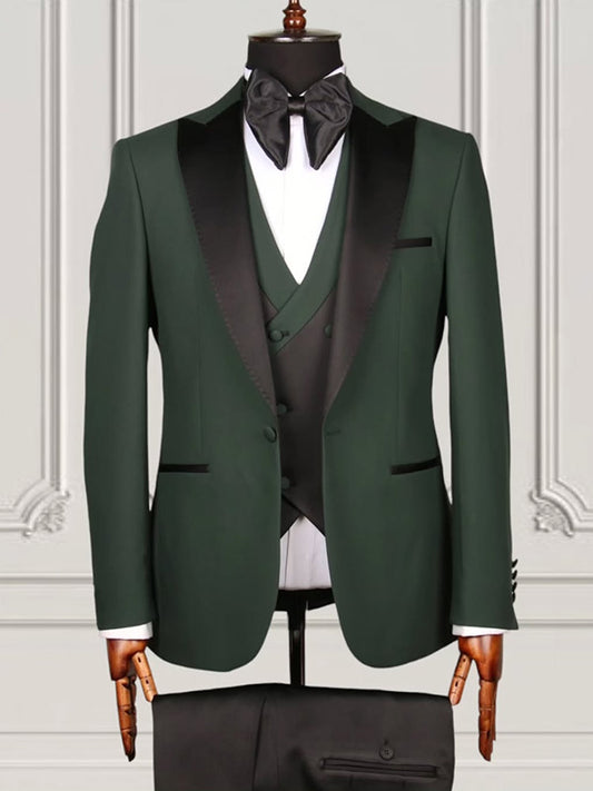 Green 3-piece 1-button Peak Lapel suit