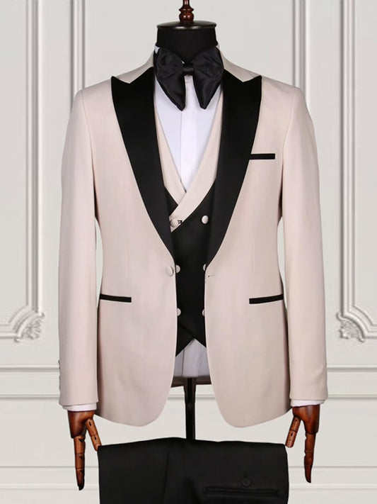 Beige 3-piece 1-button Peak Lapel suit