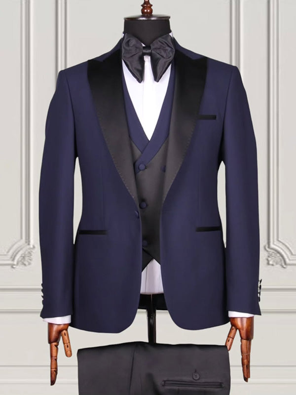 Navy Blue 3-piece 1-button Peak Lapel suit