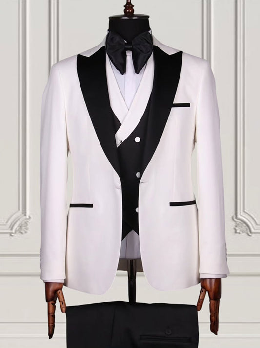 White 3-piece 1-button Peak Lapel suit
