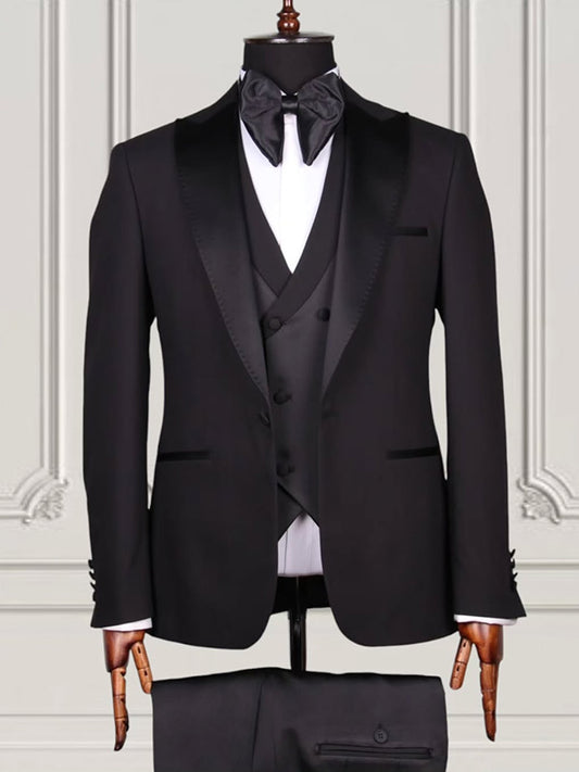 Black 3-piece 1-button Peak Lapel suit