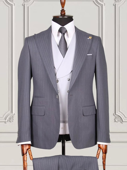 Grey Stripe 2-piece 1-button Peak Lapel suit