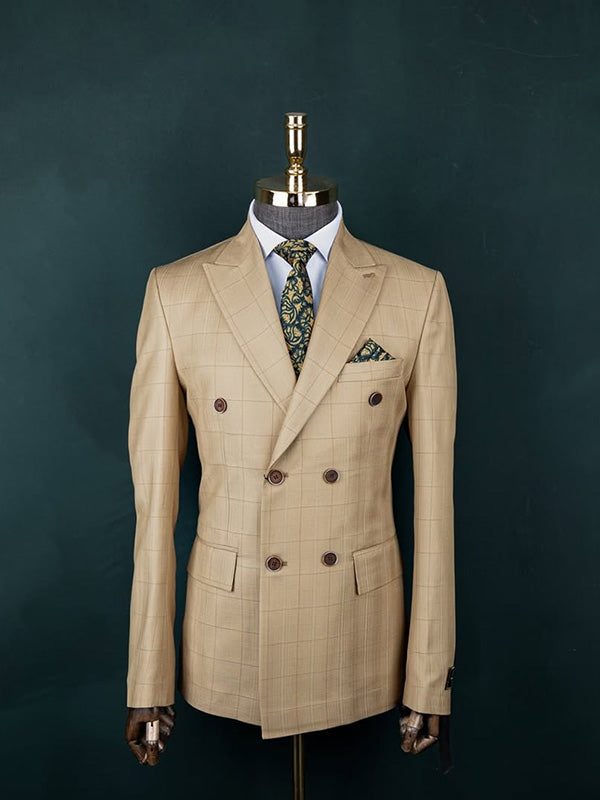 Brown Plaid 2-piece double breasted Peak Lapel suit