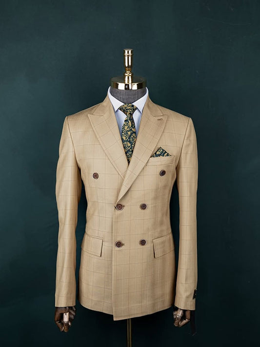 Brown Plaid 2-piece double breasted Peak Lapel suit