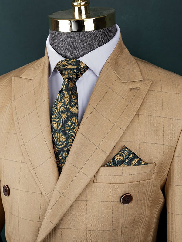 Brown Plaid 2-piece double breasted Peak Lapel suit