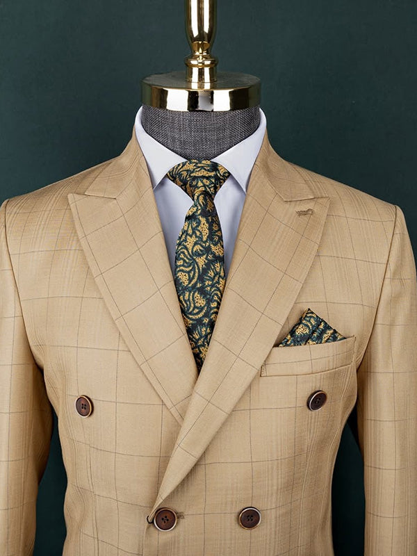 Brown Plaid 2-piece double breasted Peak Lapel suit
