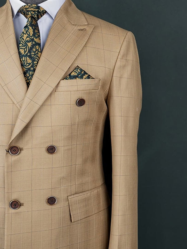 Brown Plaid 2-piece double breasted Peak Lapel suit