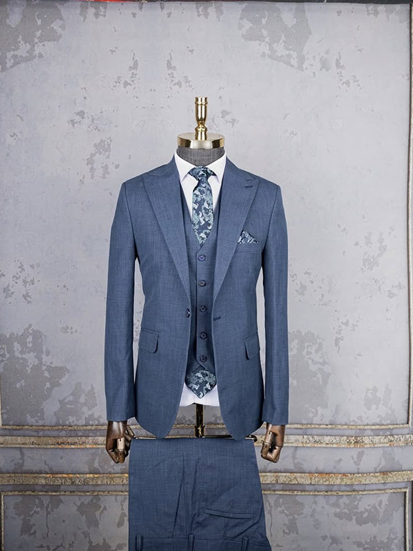 Blue 3-piece 1 button Peak Lapel suit
