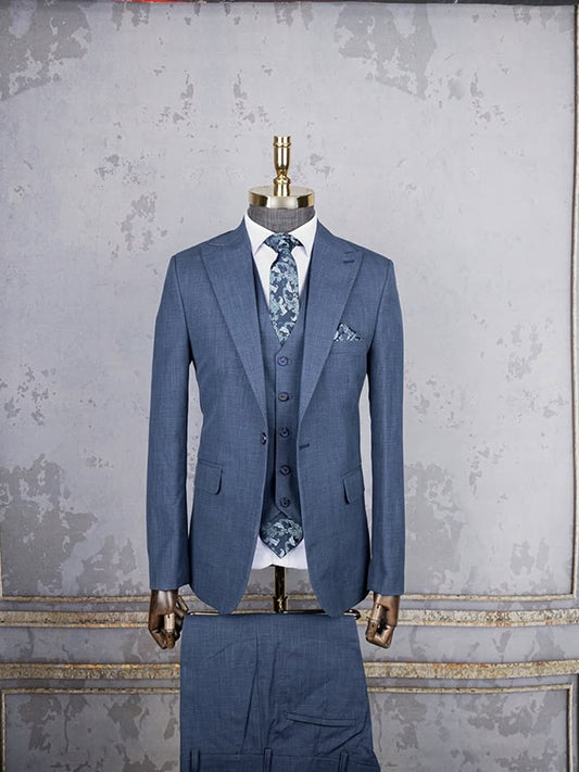 Blue 3-piece 1 button Peak Lapel suit
