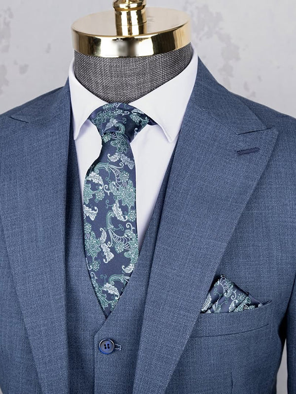 Blue 3-piece 1 button Peak Lapel suit