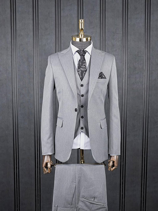 Grey striped 3-piece 1-button Peak Lapel suit