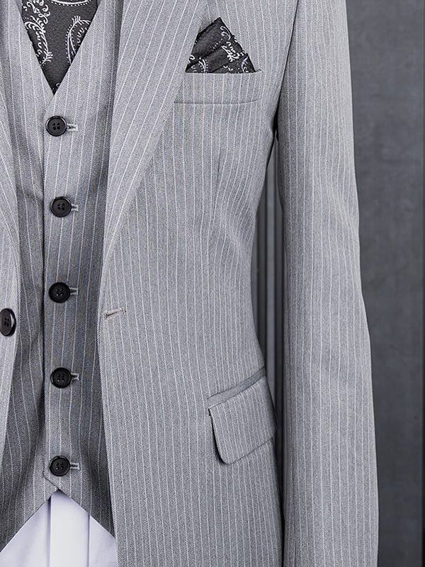 Grey striped 3-piece 1-button Peak Lapel suit