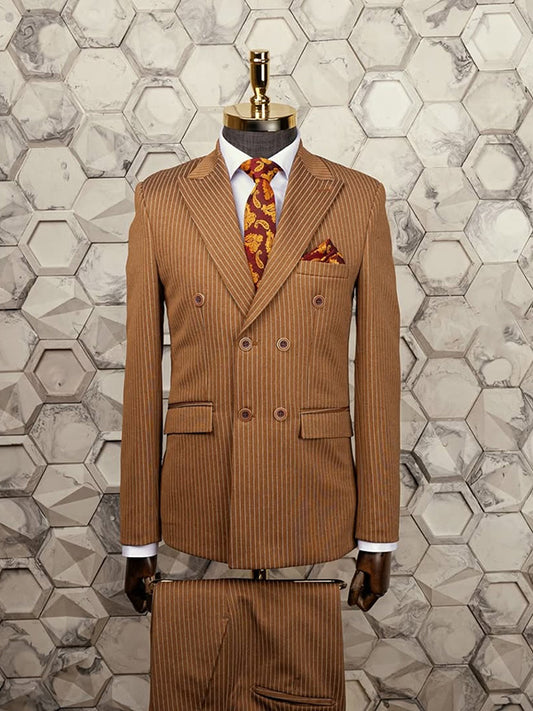 Brown striped 2-piece double-breasted Peak Lapel suit