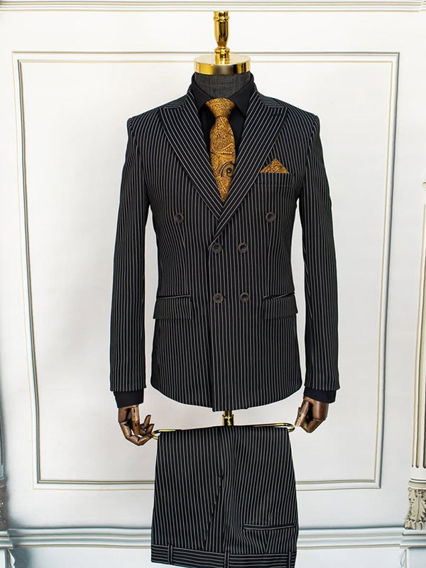 Black striped 2-piece double-breasted Peak Lapel suit