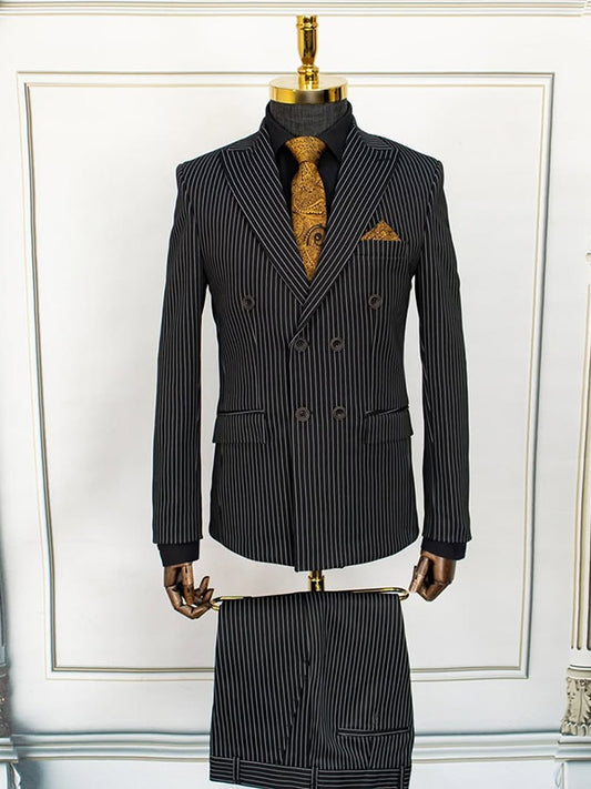 Black striped 2-piece double-breasted Peak Lapel suit