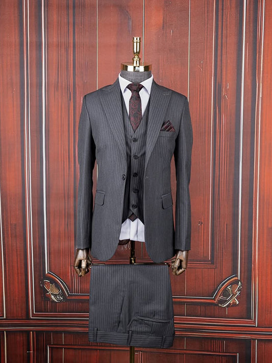 Grey Striped 3-piece 1-button Peak Lapel suit