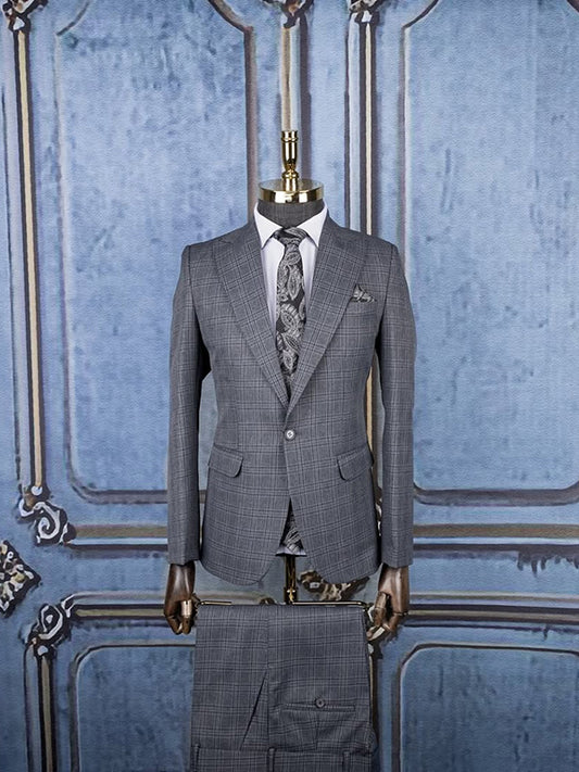 Grey Plaid 2-piece 1-button Peak Lapel suit