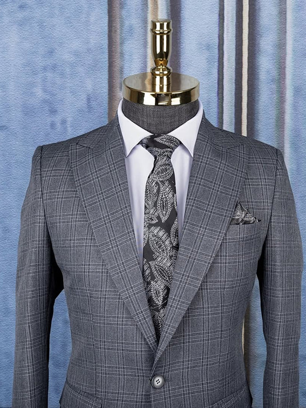 Grey Plaid 2-piece 1-button Peak Lapel suit