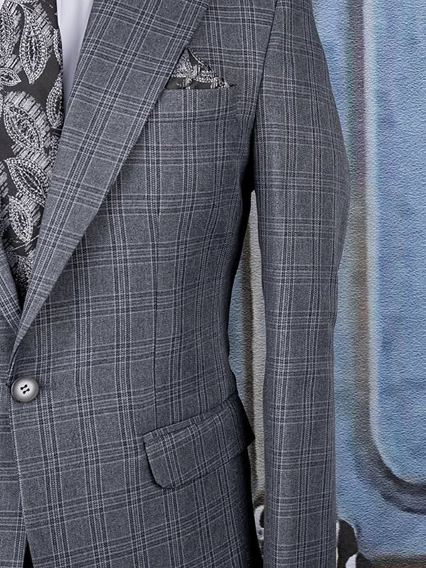 Grey Plaid 2-piece 1-button Peak Lapel suit