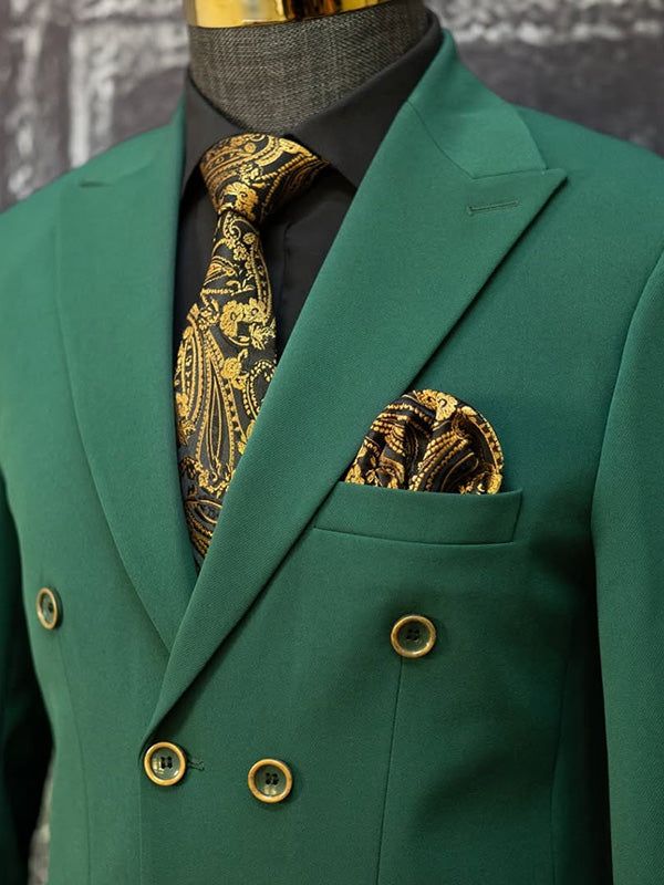 Green 2 Piece Double Breasted Peak Lapel suit