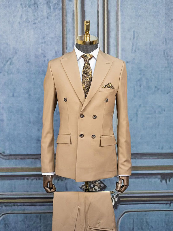 Light Brown 2 Piece Double Breasted Peak Lapel Suit