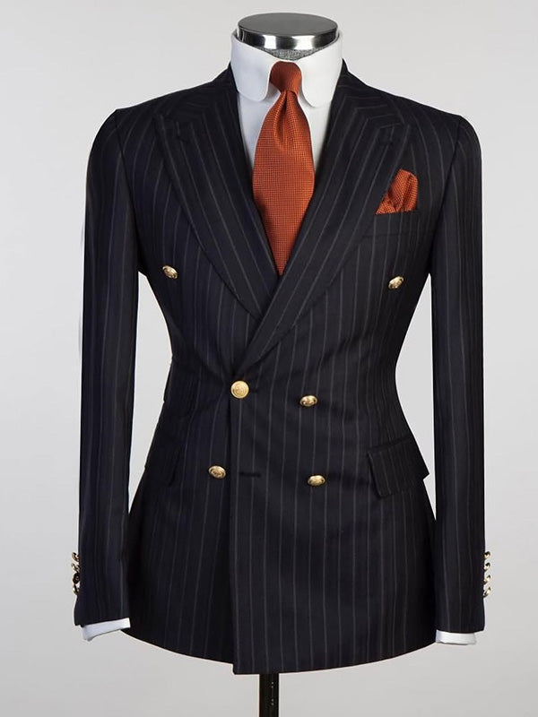 Black Striped 2 Piece Double Breasted Peak Lapel Suit