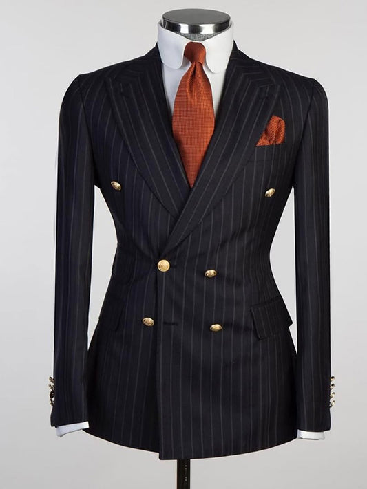 Black Striped 2 Piece Double Breasted Peak Lapel Suit