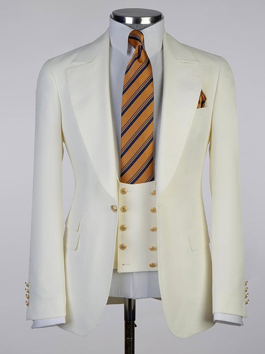White 3-piece single-breasted Peak Lapel suit