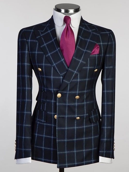 Black plaid 2-piece Double-breasted Peak Lapel suit