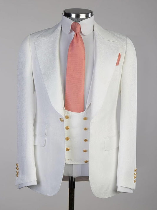 Pure white 3-piece single-breasted Peak Lapel suit