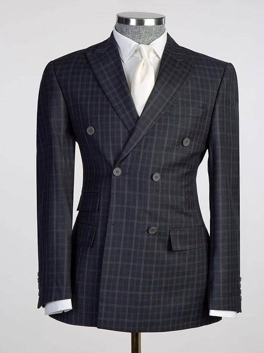 Black plaid 2-piece double-breasted Peak Lapel suit