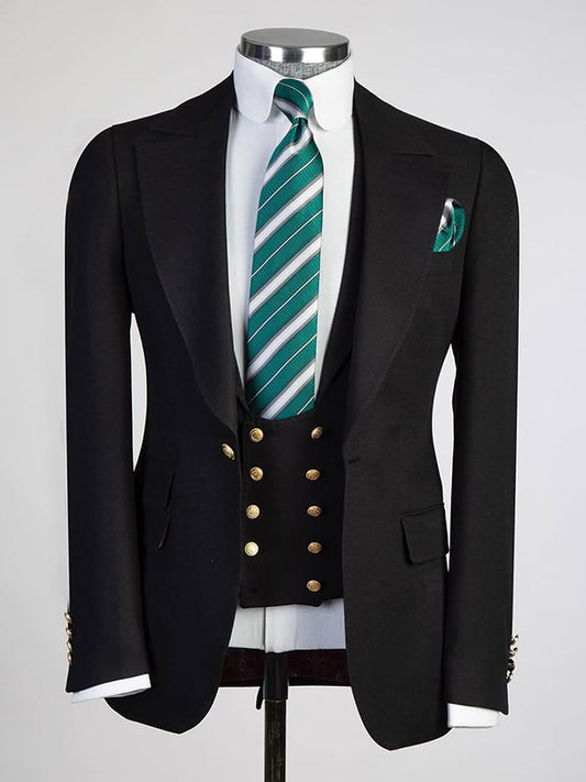 Black 3-piece single breasted Peak Lapel suit