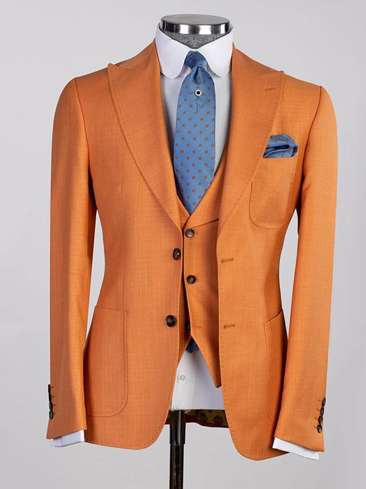 Orange 3-piece single breasted Peak Lapel suit